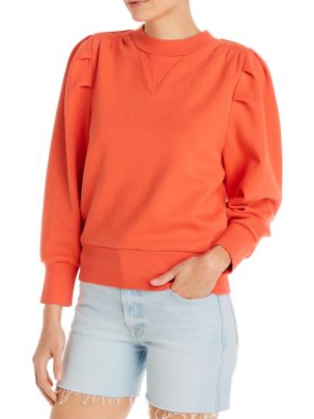Frame Denim Puff-Sleeve Crew Sweatshirt in Coral Orange